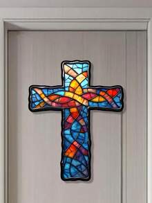 1pc Colorful Glass Textured Cross Iron Wall Decor, Vintage Style Wall Hanging Ornament, Retro Religious Home Decor Hanging Piece, Suitable For Bathroom, Living Room, Bedroom, Wall Decoration - Cross - View 7