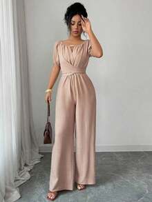 Mono elegante de mujer con cuello redondo, manga larga, pierna ancha, decoración de cuentas de madera y cintura retorcida en color caqui para uso diario - Color caoba - Ver 11