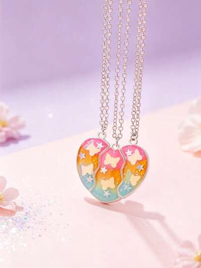 3pcs/Set Zinc Alloy Magnetic Butterfly Pendant Necklaces, Heart-Shaped Friendship Necklaces, Perfect Birthday Gift For Girls