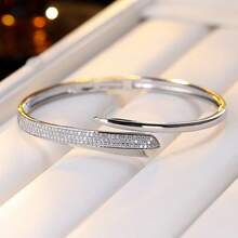 1 pieza Brazalete geométrico de lujo con microincrustraciones de circonita, diseño asimétrico y único de brazalete abierto, accesorio elegante y versátil para el trabajo - pulsera - Ver 4