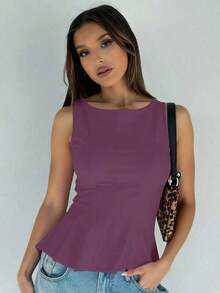 1 pieza Blusa informal de punto de unicolor con volante, rosa de verano - Morado - Ver 1