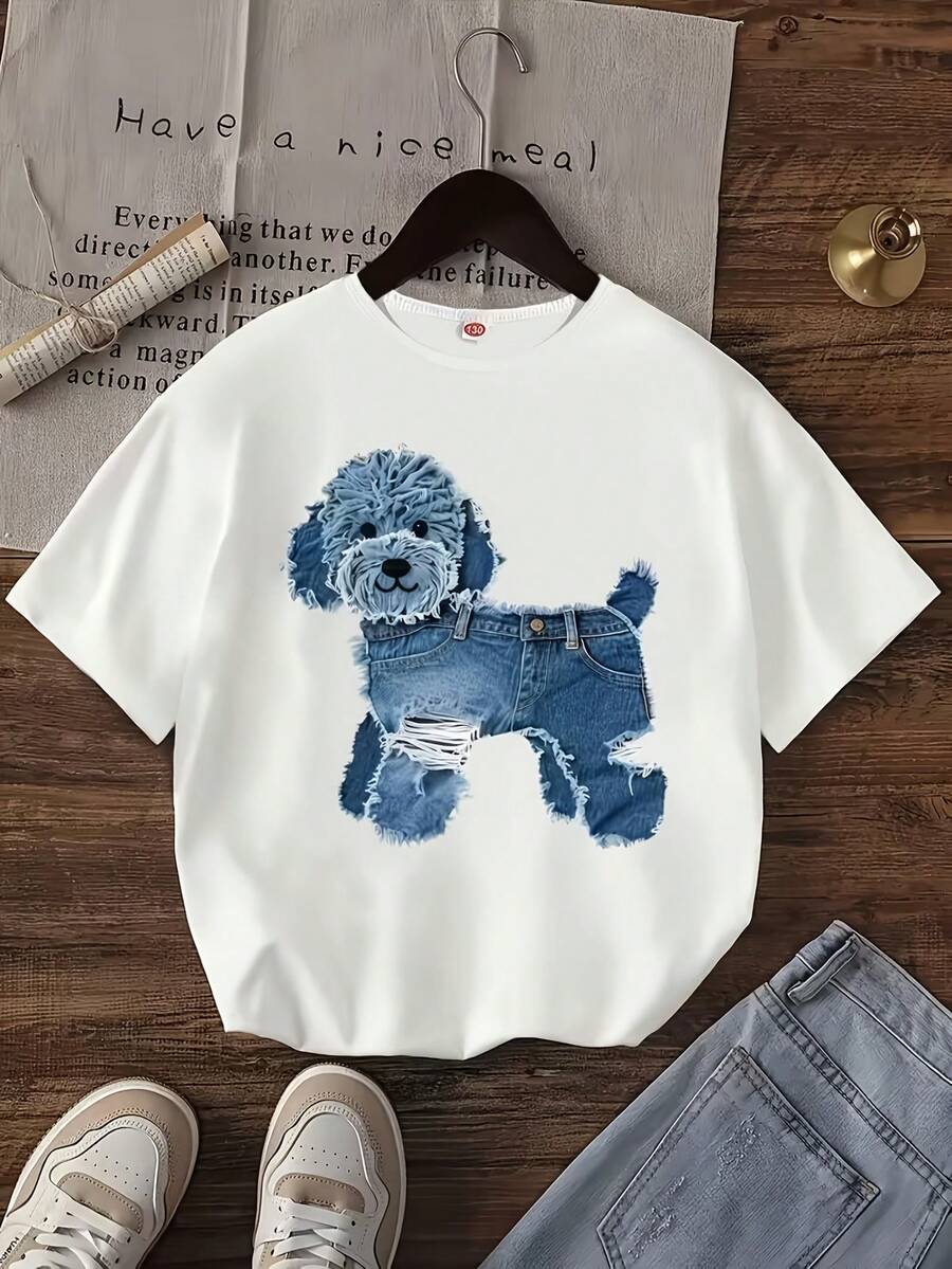 Summer New Arrival Creative Ripped Denim Teddy Dog Print White Casual Kids Cotton Short Sleeve T-Shirt Women's Fitted Short-Sleeve Tee With Fun Graphics, Perfect For Everyday & Casual Work Looks - 白色 - 查看 1