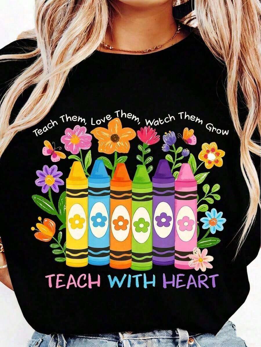 | Pure And Breathable | Plus Size Teacher Appreciation T-Shirt - Heart Teaching Graphic, Pastel Colors - Soft And Breathable Daily Gift For Teachers For Teacher's Day, Back To School - Casual Teacher Clothing, Unisex Summer Top - 黑色 - 查看 1