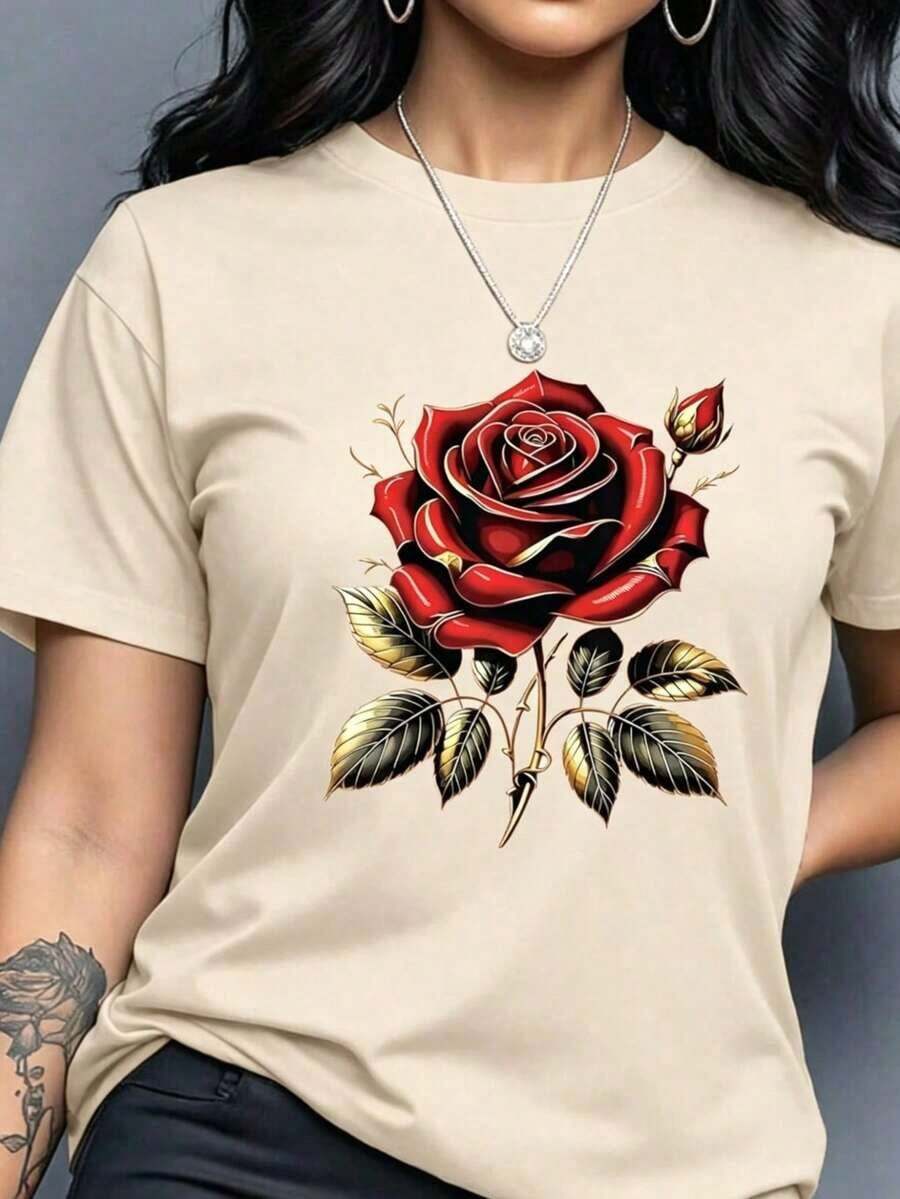 Casual Short-Sleeved Crew Neck T-Shirt With Pink Floral Print, Perfect For Summer - Unisex Urban Vintage Style, Made Of Cotton, Loose Fit. - 杏 - 查看 1