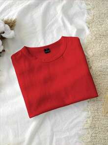 1 pieza Camiseta ajustada de forma sólida 95% algodón - Rojo - Ver 9