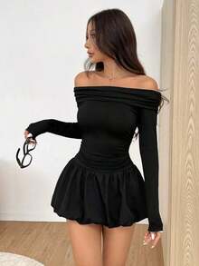 Vestido mini de manga larga de un hombro con volantes en el bajo para mujer, para primavera y otoño - Negro - Ver 5