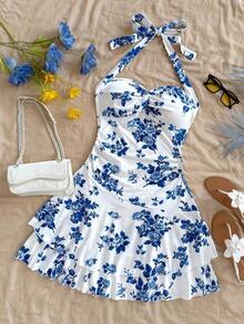 AVestido mini sexy con espalda descubierta, corbata en el cuello, dobladillo fruncido y doble capa, adecuado para fiestas, citas, San Valentín - Azul y blanco 2 - Ver 4