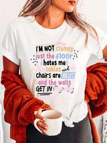 Elegante Camiseta Diaria con Texto Sarcástico "No Soy Tonto", Estampado de Letras a la Moda, Camiseta Casual de Manga Corta y Cuello Redondo, Camiseta Chic de Moda para Mujer Primavera/Verano - Blanco - Ver 1