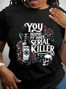 Women's Vintage Casual T-Shirt, Round Neck And Short Sleeves, With Graphic Print "You Awoke My Inner Serial Killer", Suitable For Spring, Summer And Autumn, Black. - Black - View 5