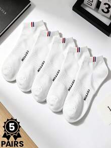 1/5 Pairs Men's Spring/Summer White Striped Breathable Socks, Collegiate Style Suitable For Students, Casual, Commuting, Pair With Sneakers - White - View 9