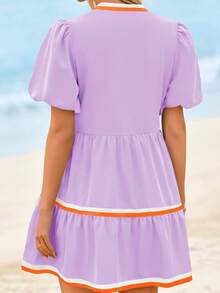 Womens V Neck Floral Mini Dress Short Puff Sleeve Patchwork Summer Casual Boho Dresses - Purple - View 3