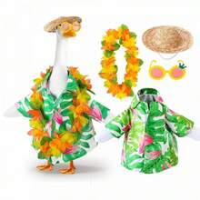 Hawaiian Luau Porch Goose Outfit, 23 Inch Lawn Goose Tropical Costume With Aloha Shirt, Straw Hat, Flower Lei  Sunglasses, Summer Beach Outfit For Garden Cement/Plastic Goose Statue, Tiki Party Yard Patio Decor - 綠色適合23吋白鵝 - 查看 1