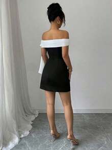 1 pieza Vestido largo elegante de hombros descubiertos para mujer, negro - Negro 2 - Ver 2