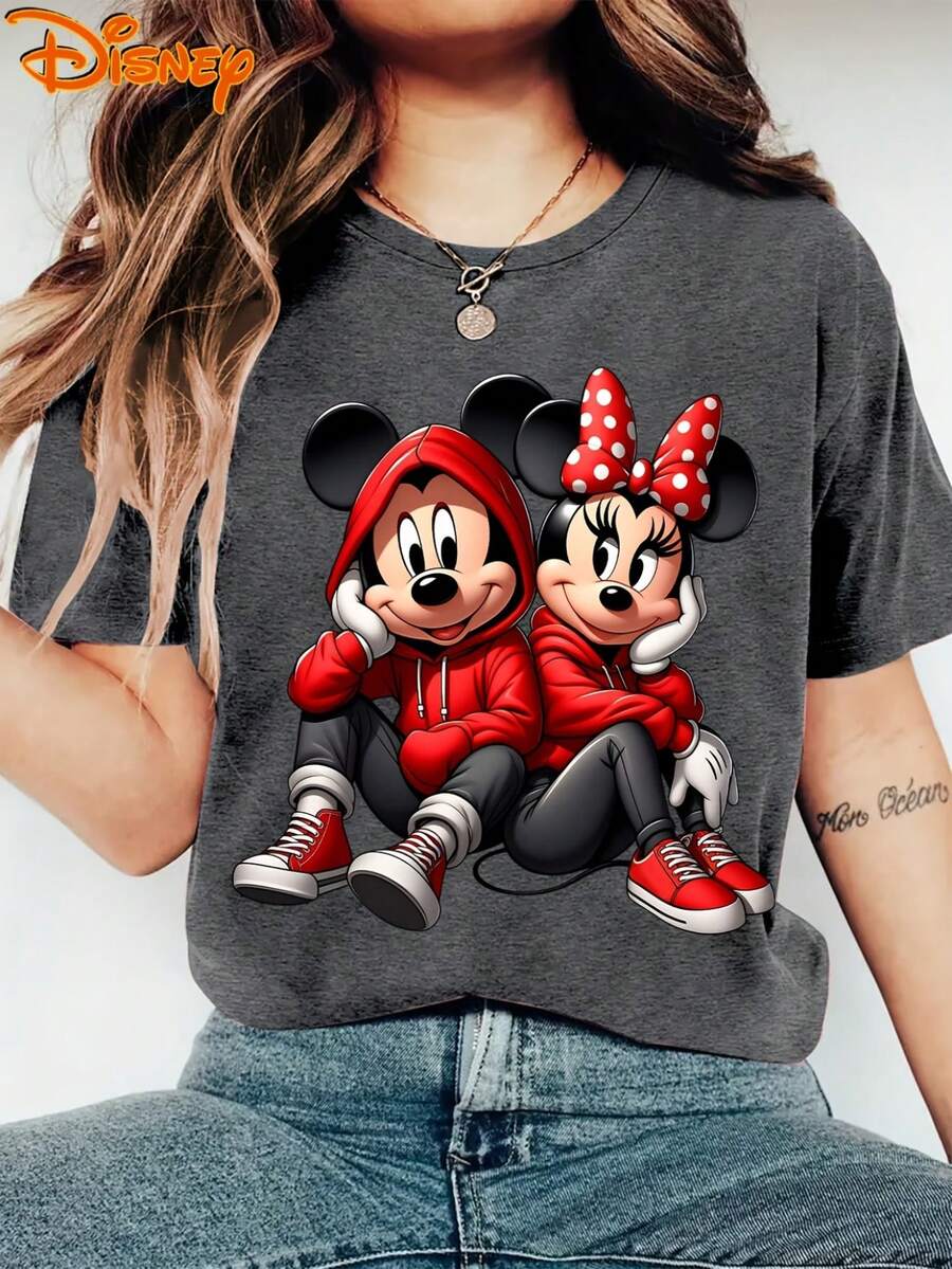 Authentic Women's Disney Short-Sleeve Vintage Cartoon Mickey And Minnie Mouse Printed Crewneck Summer T-Shirt Sweatshirt, Suitable For Spring, Summer, And Fall, Disney Trip, Fashionable Casual Daily Commute Vacation Versatile Vintage Style Top - Màu xám đen - Xem 1