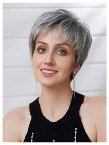 Women's Short Pixel Head Wig, Silver Gray Salt And Pepper Synthetic Hair Wig With Bangs, Layered Natural Style Heat Resistant Wig, Breathable Cap Suitable For Daily Casual Wear - SGray - View 5