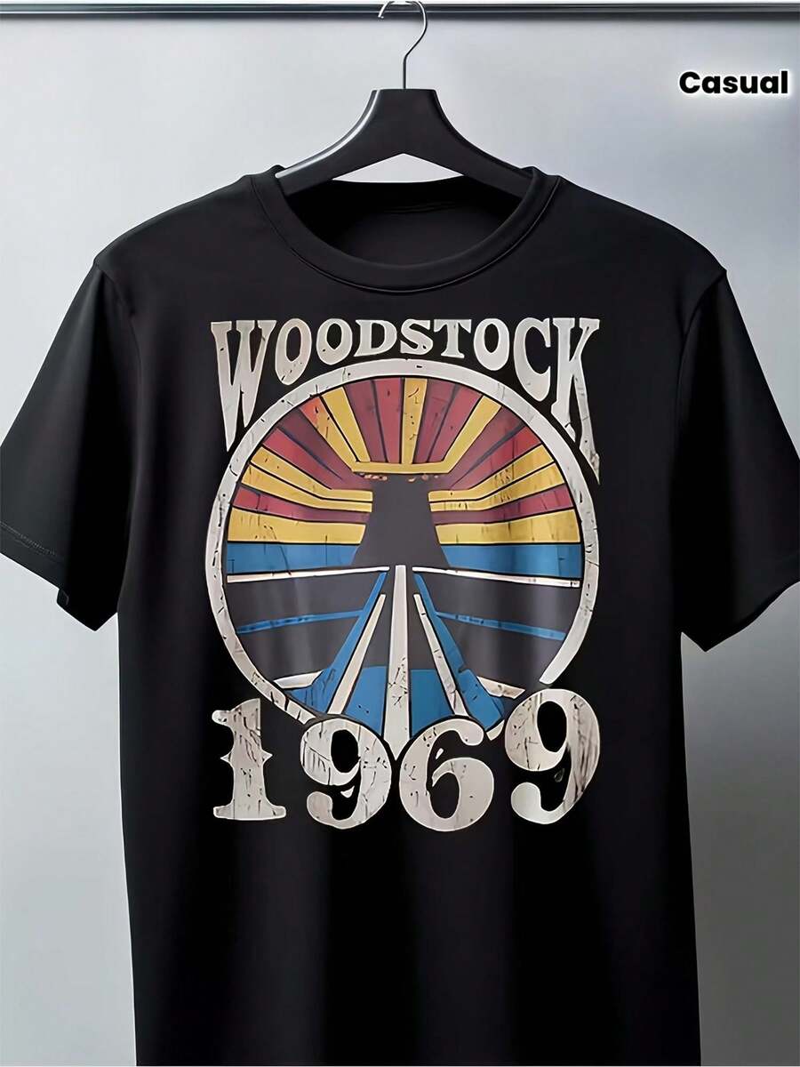 Vintage 1969 Men's T-Shirt - Original And Iconic Crew Neck T-Shirt, Suitable For Concerts, Festivals And Casual Wear, Women's Blouses, Blouses, Casual Blouses For Ladies, Casual Blouses For Ladies, Women's Tops, Tops, Unisex. - 黑色 - 查看 1