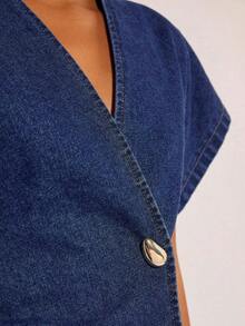 Denim Blusa de mezclilla de manga de murciélago con un solo botón de moda para mujer, de verano - Azul marino - Ver 7
