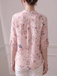 Blusa de mujer de manga 3/4 con cuello alto, estampado floral acuarela azul grisáceo| Blusa de ajuste ceñido, transpirable, de manga acampanada, para oficina/vacaciones, primavera/verano - Rosa - Ver 7