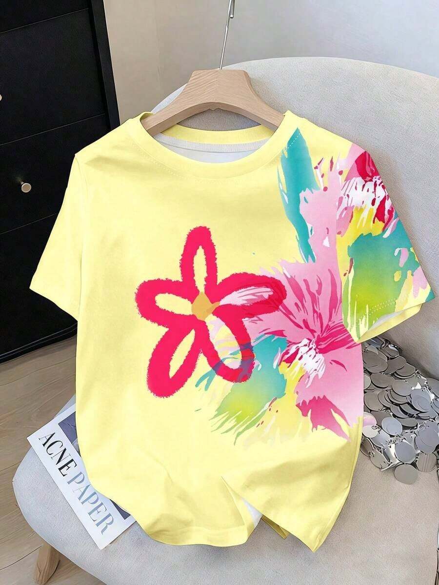 Camiseta blanca de manga corta con bordado floral imitación pesada y cuentas, nuevo estilo chino retro con bordado floral imitación y perlas, elegante camiseta blanca tipo dama, camiseta blanca suelta con imitación de bordado pesado y cuentas al es - Amarillo - Ver 1