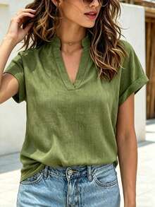 Camisa casual de mujer de manga corta con cuello entallado de unicolor, para verano - Verde militar - Ver 7