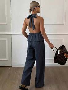 Conjunto de 2 piezas de top de tirantes finos a rayas y pantalones casuales para mujer, conjunto de ropa de estar en casa de verano - Azul marino 7 - Ver 2