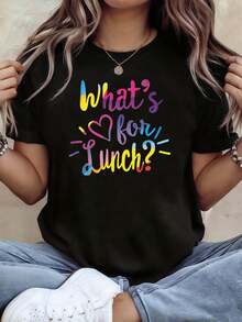 ¿Qué para el almuerzo?¿Qué comer en el almuerzo? Camiseta de mujer con estampado deíris, adecuada para las reuniones diarias de profesores en el campus, estilo animado y lindo, de manga corta, estilo casual urbano - Camiseta unisex de algodón holgada de manga corta y cuello redondo estilo vintage urbano. - Negro - Ver 7