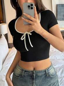 Parte superior corta de cuello redondo con bloqueo de color y autolazada, con ajuste ceñido, estilo Y2K, para verano, para mujeres - Negro - Ver 5