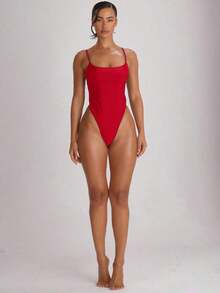 Resort Traje de baño con cuello recto, tirantes y corte alto en la pierna, tipo cheeky.Traje de baño básico unicolor para vacaciones, verano y viajes a la playa. - Rojo - Ver 5