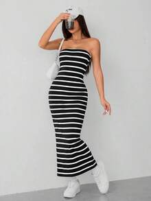 Vestido de mujer con rayas tejidas y top tubular - Blanco y Negro - Ver 8