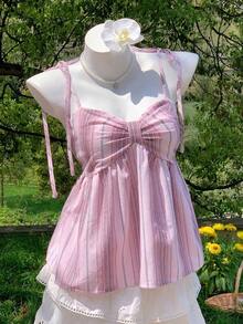 Camiseta sin mangas plisada y a rayas de verano para mujer, de estilo casual y vacacional - Rosa - Ver 5