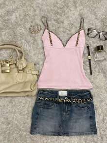Camiseta ajustada de patchwork para mujeres - Rosa - Ver 2