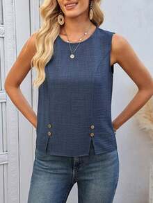Camisa sin mangas de unicolor con diseño de botones para mujer - Azul - Ver 4
