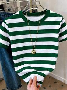 Camiseta de mujer de manga corta, cuello redondo y rayas, informal, para verano - Multicolor 9 - Ver 3