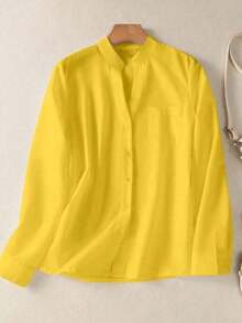 Camisa de mujer de unicolor con cuello en V y botones - Blusa casual y elegante de manga larga con detalle de bolsillo, adecuada para vacaciones, viajes y uso diario, artículo esencial para todas las estaciones, Primavera Blanco - Amarillo - Ver 9