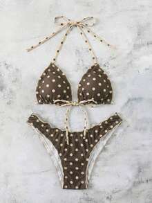 Conjunto de bikini de dos piezas con estampado de lunares, camiseta con lazo sexy y traje de baño para vacaciones en la playa para mujer - Marrón - Ver 8