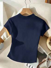 Camiseta de mujer de punto con cuello en V profundo, manga corta, cintura ceñida, abertura frontal con botones metálicos, elegante, romántica, casual, para uso diario, trabajo, cena, primavera/verano - Azul marino - Ver 2