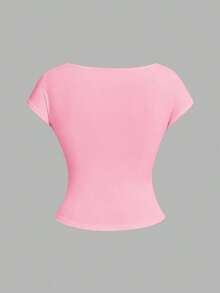 4 piezas Camisetas de mujer de cuello redondo, ajustadas, con espalda descubierta y diseño minimalista de patrones, adecuadas para el verano - Multicolor 6 - Ver 11