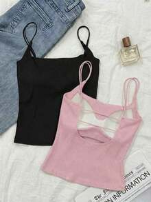 Paquete de 2 tops de camiseta acanalada con sujetador acolchado incorporado - Rosa y Negro/Lunares blancos, tops versátiles casuales para verano y uso en todas las estaciones, estilos suaves y limpios para chica, perfectos para el hogar, la escuela - Negro 8 - Ver 10
