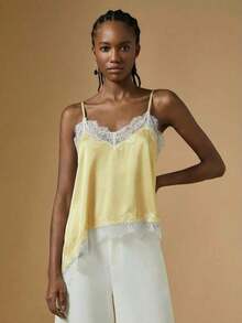 Camiseta de mujer de verano con encaje asimétrico, top blanco, regalo de San Valentín para mujeres, top elegante de mujer, top de verano, vacaciones de mujer, estilo de dinero antiguo / Top camisero de mujer con ribete de encaje de satén y cuello - Amarillo - Ver 5