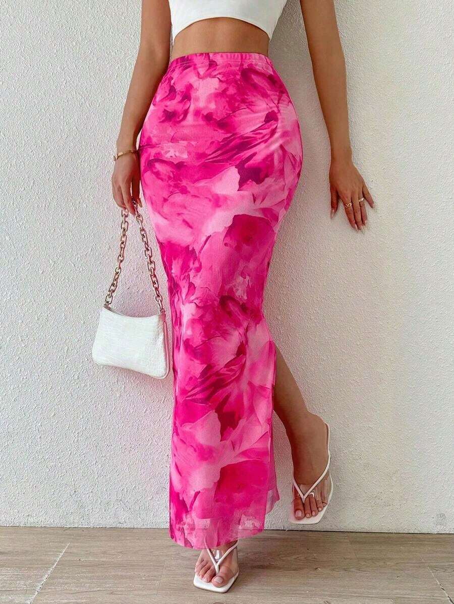 Falda ajustada de malla con estampado de leopardo para mujer, ropa de otoño - Rosa Fucsia - Ver 1