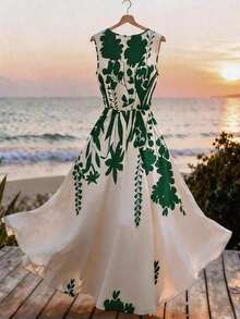 Vestido casual de mujer sin mangas con estampado de posicionamiento simple, vestido acampanado con cintura ceñida, adecuado para verano casual, vacaciones, primavera/verano, oficina, diario, fiesta, playa, graduación, uso versátil de oficina, ves - Multicolor 8 - Ver 3