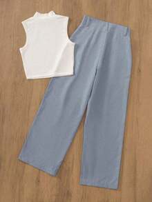 Conjunto de chaleco y pantalones de unicolor, casual, de vacaciones, con falsos botones, para oficina y jardín, de cuello alto, elegante para primavera/verano - Azul y blanco - Ver 2