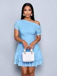 Vestido mini con mangas largas, cuello asimétrico, doble volante y pliegues en color albaricoque elegante para fiesta y día en tejido de punto - Azul - Ver 7