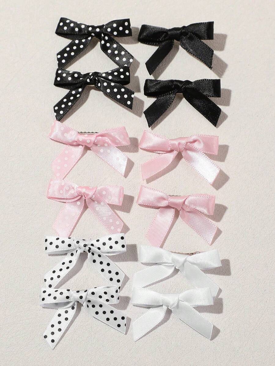12pcs Y2K Style Mini Solid Color Polka Dot Bow Hair Clips, Suitable For Girls With Bangs And Braids - Multicolor - View 1