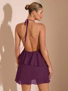 Vestido corto de gasa rojo sólido con hojas de loto en cascada, apropiado para citas diarias, salidas nocturnas, discotecas, fiestas, reuniones, fiestas de cócteles, fiestas de piscina, ropa de vuelta al colegio, vestidos de temporada escolar, v - Rojo violeta - Ver 2