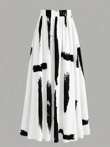 Falda casual y suelta con diseño único de estampado de pintura de tinta para mujer, elegante y estilizadora para vacaciones - Rojo - Ver 9
