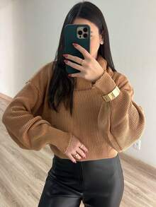 Women's Cropped High Neck Knit Blouse, Boba Knit, Daily Autumn/Winter - 裸體 - 查看 2