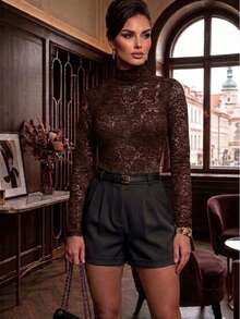 Elegant Set: Long-Sleeved Lace Bodysuit With High-Waisted Tailored Shorts. Premium Formal Wear. - NÂU / ĐEN - Xem 9