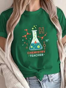 Women's Chemistry Teacher T-Shirt 2026, Featuring A Beaker, Atom Symbol, And Science Lab Print - Casual Short-Sleeved Crew Neck Top, Science-Themed Clothing, Chemistry-Themed Gift, Suitable For Female Teachers. - 綠色 - 查看 1