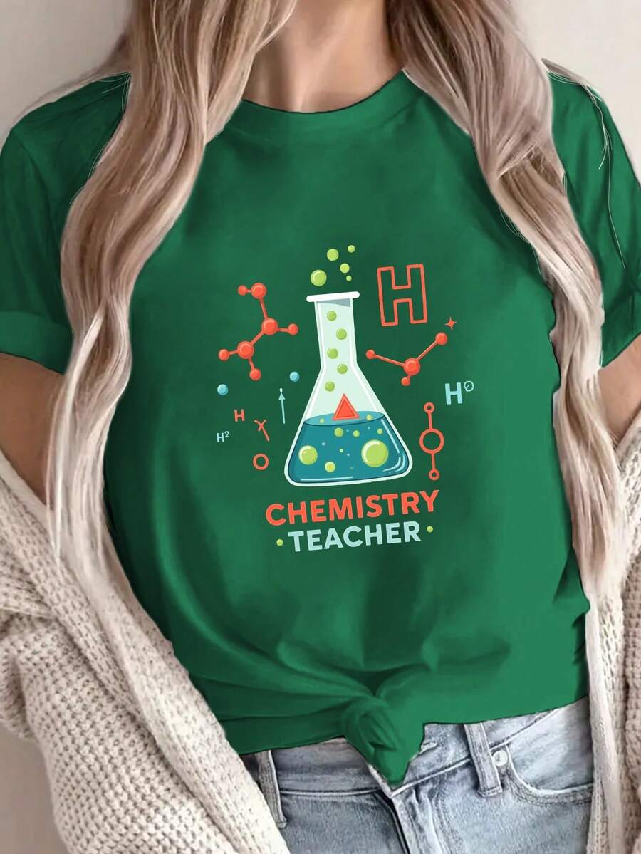 Women's Chemistry Teacher T-Shirt 2026, Featuring A Beaker, Atom Symbol, And Science Lab Print - Casual Short-Sleeved Crew Neck Top, Science-Themed Clothing, Chemistry-Themed Gift, Suitable For Female Teachers. - 綠色 - 查看 1